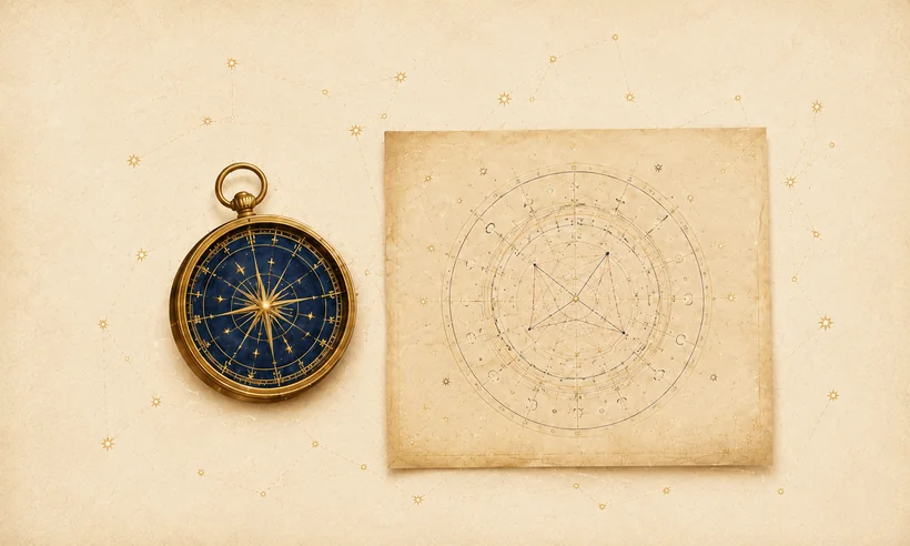 Bussola e carta astrologica illustrate nei colori oro e blu