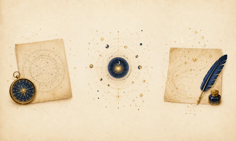 Illustrazione di carta astrale, orbite e strumenti di scrittura