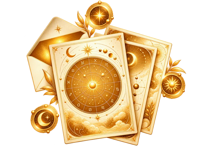 Tre carte astrologiche dorate con busta e simboli celesti, illustrazione delle tre risposte di Oracle