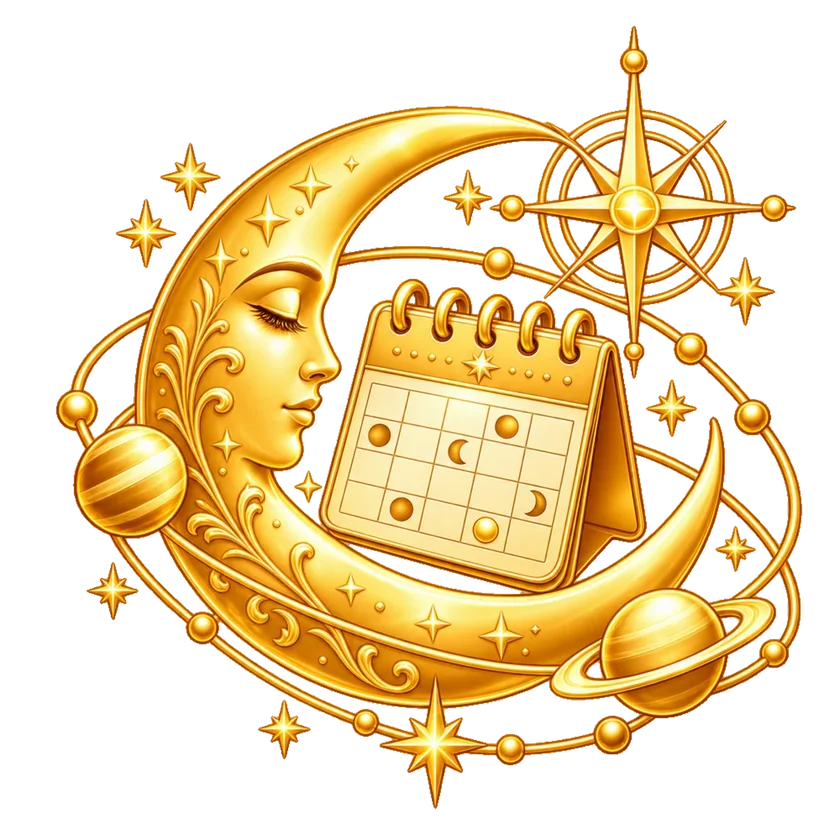 Luna dorata con calendario, pianeti e rosa dei venti, simbolo della lettura astrologica annuale