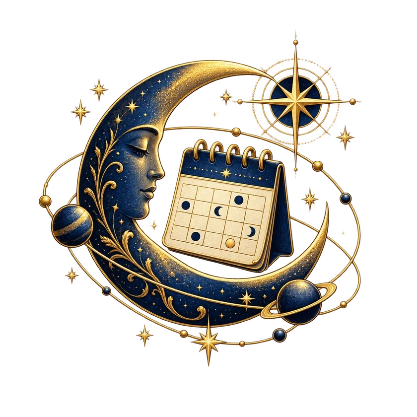 Luna blu e oro con calendario e pianeti, simbolo dell’oroscopo mensile personalizzato