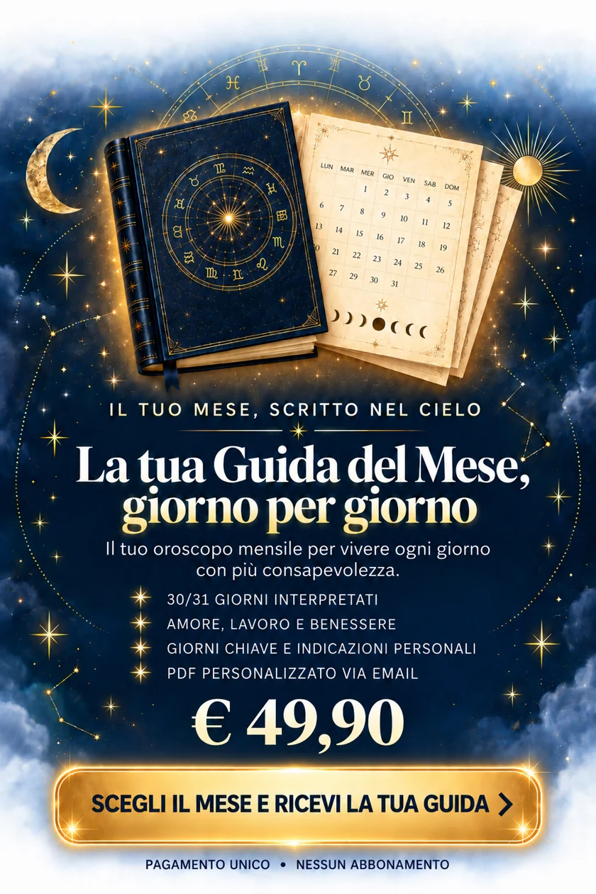 Libro astrologico e calendario fra stelle, Sole e Luna: illustrazione della guida del mese