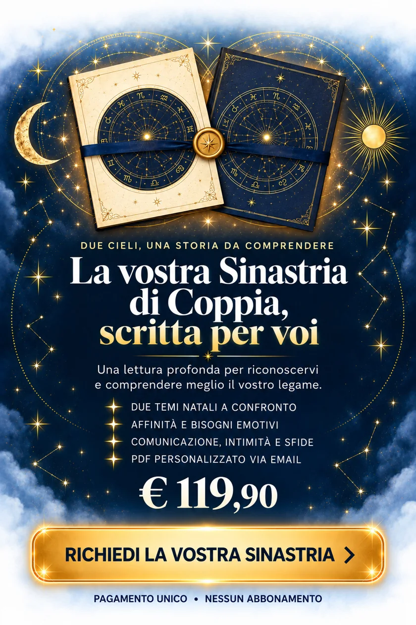 Due libri con carte astrali, uno chiaro e uno blu, uniti da un nastro: illustrazione della sinastria